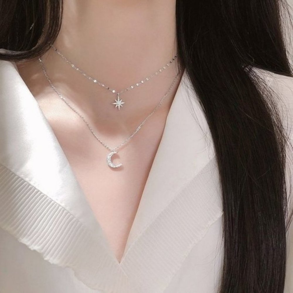 925 Sterling Silver Diamond Moon Star Necklace K - Picture 5 of 7
